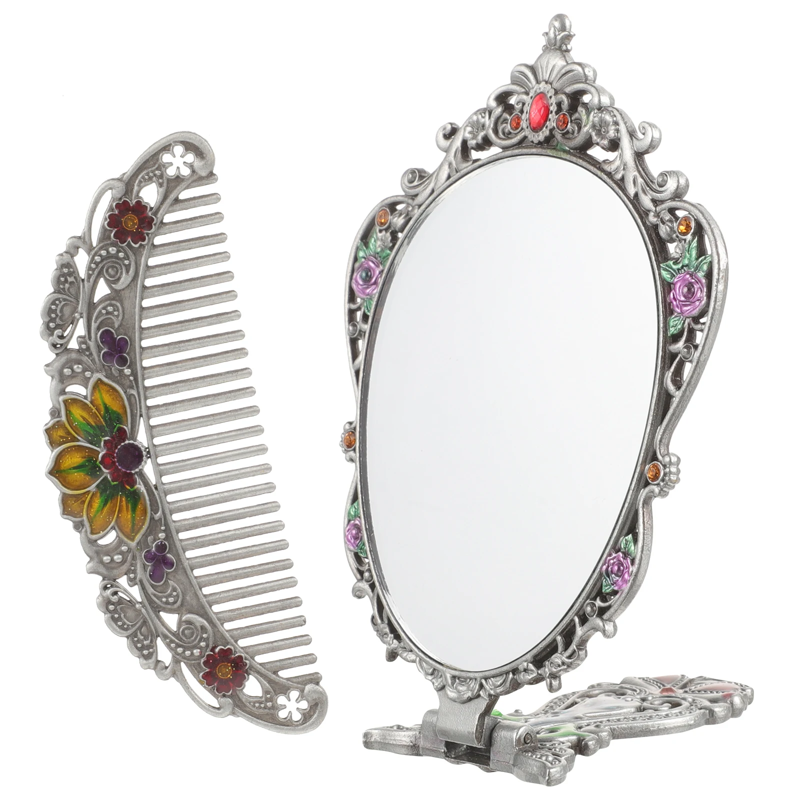 مجموعة واحدة من مرآة المكياج العتيقة المعدنية المحمولة القابلة للطي ومجموعة مشط مرآة محمولة بتصميم رائع ومتينة هدية للنساء #2