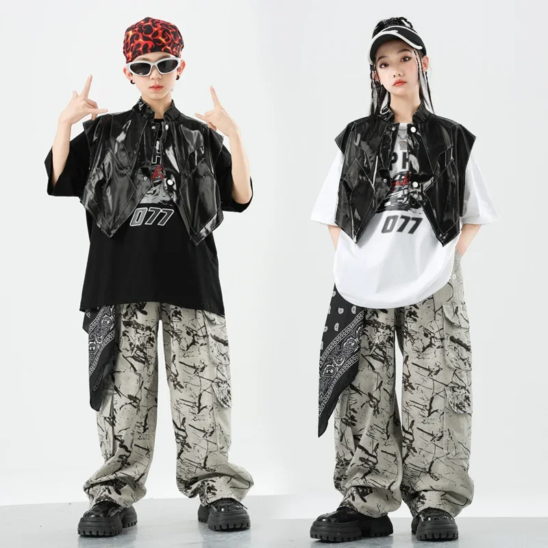 Roupas de hip hop meninos camiseta colete calças camufladas meninas legal jazz dança de rua traje crianças conjunto adolescente k-pop streetwear