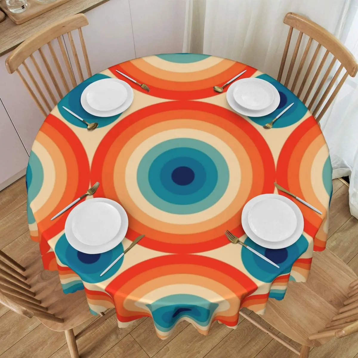 Polka Eye Illusion Dot Pattern In Orange And Blue Round Tablecloths 60 Inches Mid Century Table Cover for Parties Table Cloth