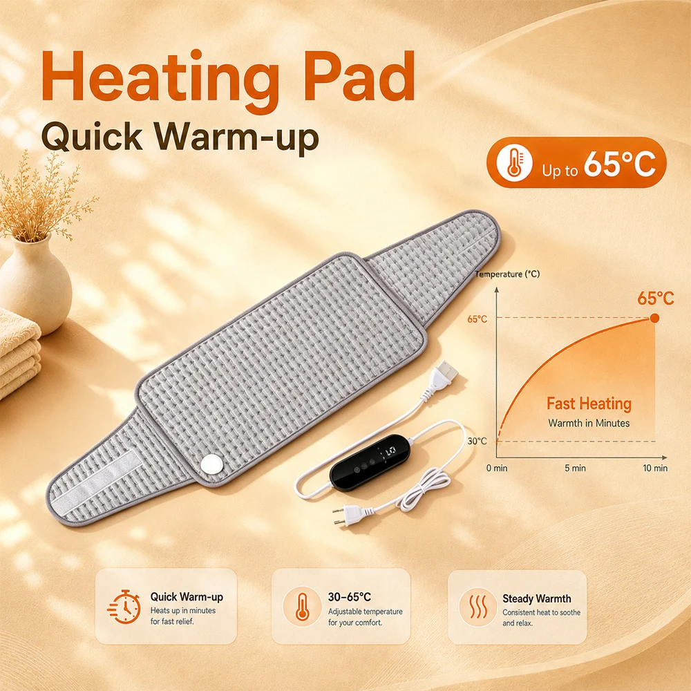 Electric Heating Pad Super Soft Plush 9 Temperature 4 Timing Magic Sticker Waist Warmer Home Office Silver Gray 220‑240V 77W