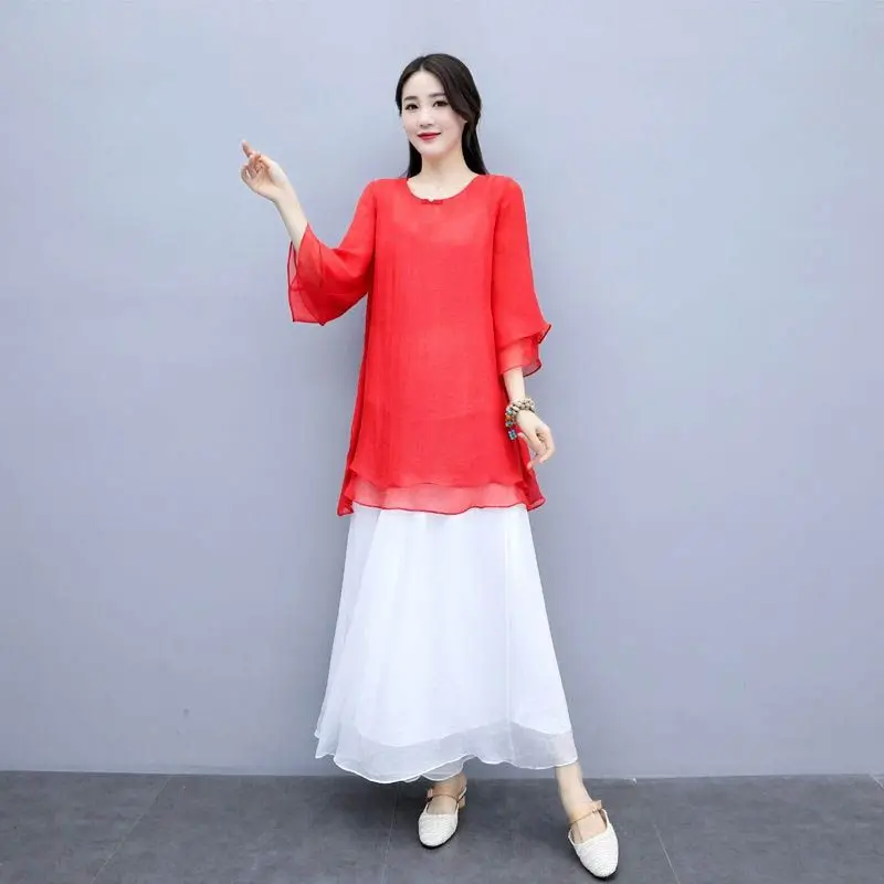 Nieuwe mode casual Chinese stijl zomer dames chiffon top los en dun