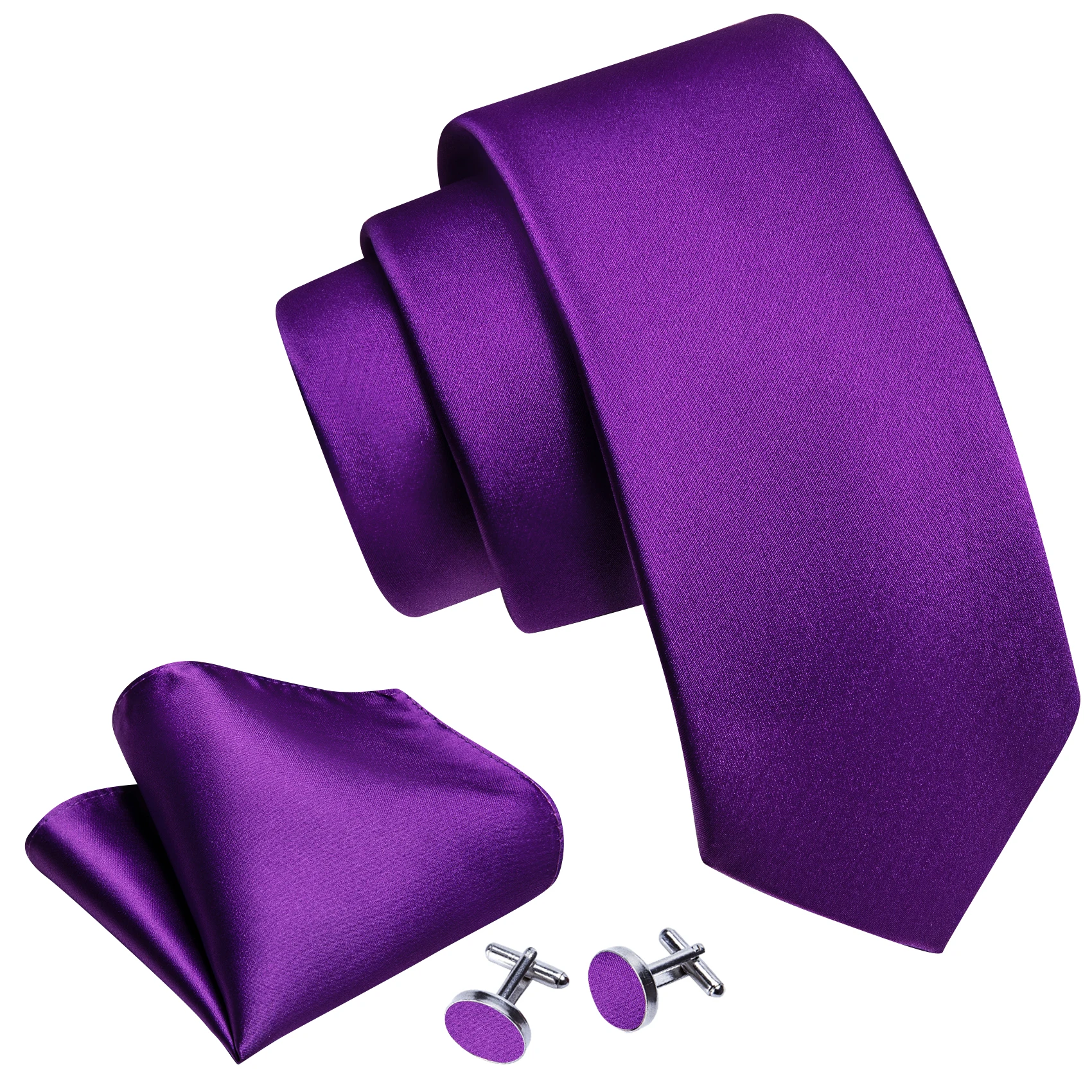 Barry.Wang Satin Silk Mens Tie Hankerchief Cufflinks Set Jacquard Solid Green Purple Red Blue Necktie for Wedding Party Business