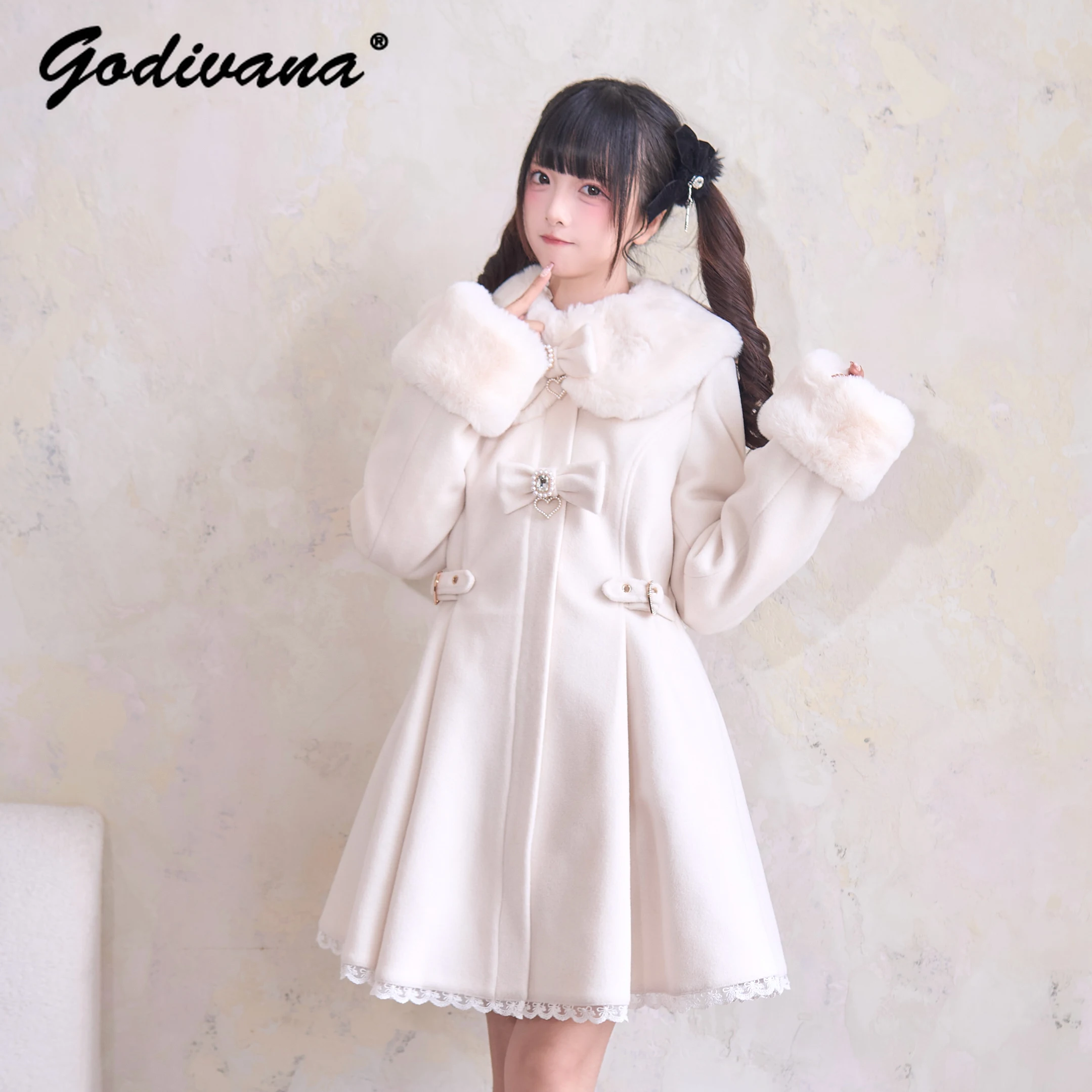 New Japanese Mine Series Mass Production Lolita Mid-length Wool Coat Cute Bow Women's Slim Winter Single-breasted Woolen Jacket