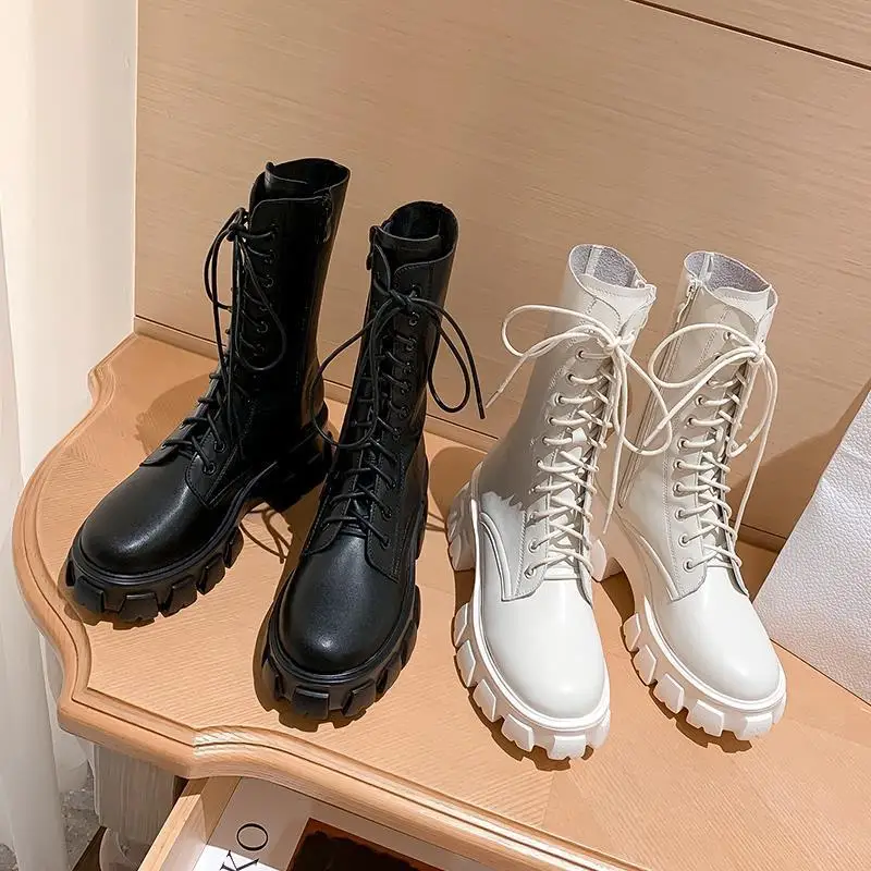 2023 Autumn and Winter Fashion New Sexy Comfortable Round Toe Cross Strap Leather Zipper Solid Color Thick Bottom Women\'s Boots