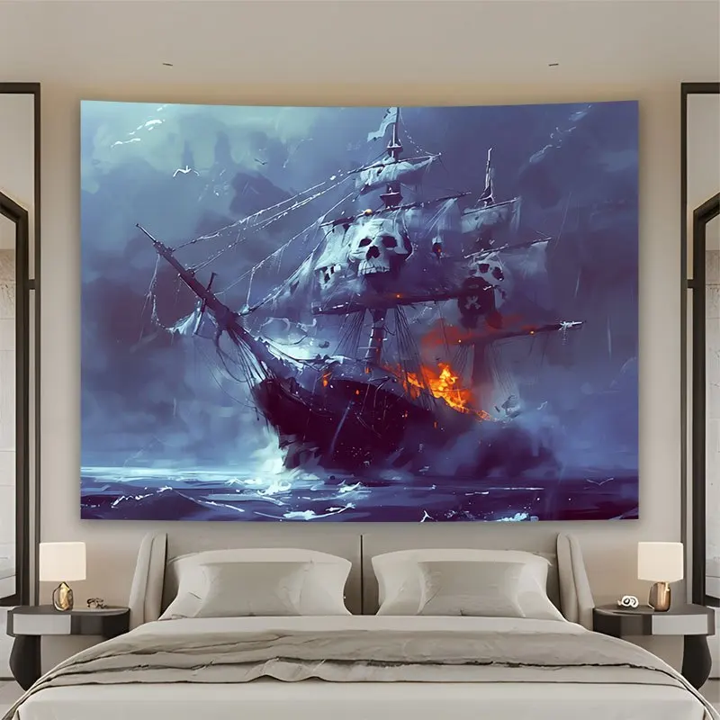 Vintage Gothic Phantom Pirate Ship Tapestry Large Size Nautical Wall Art Print Decoration 150x300cm