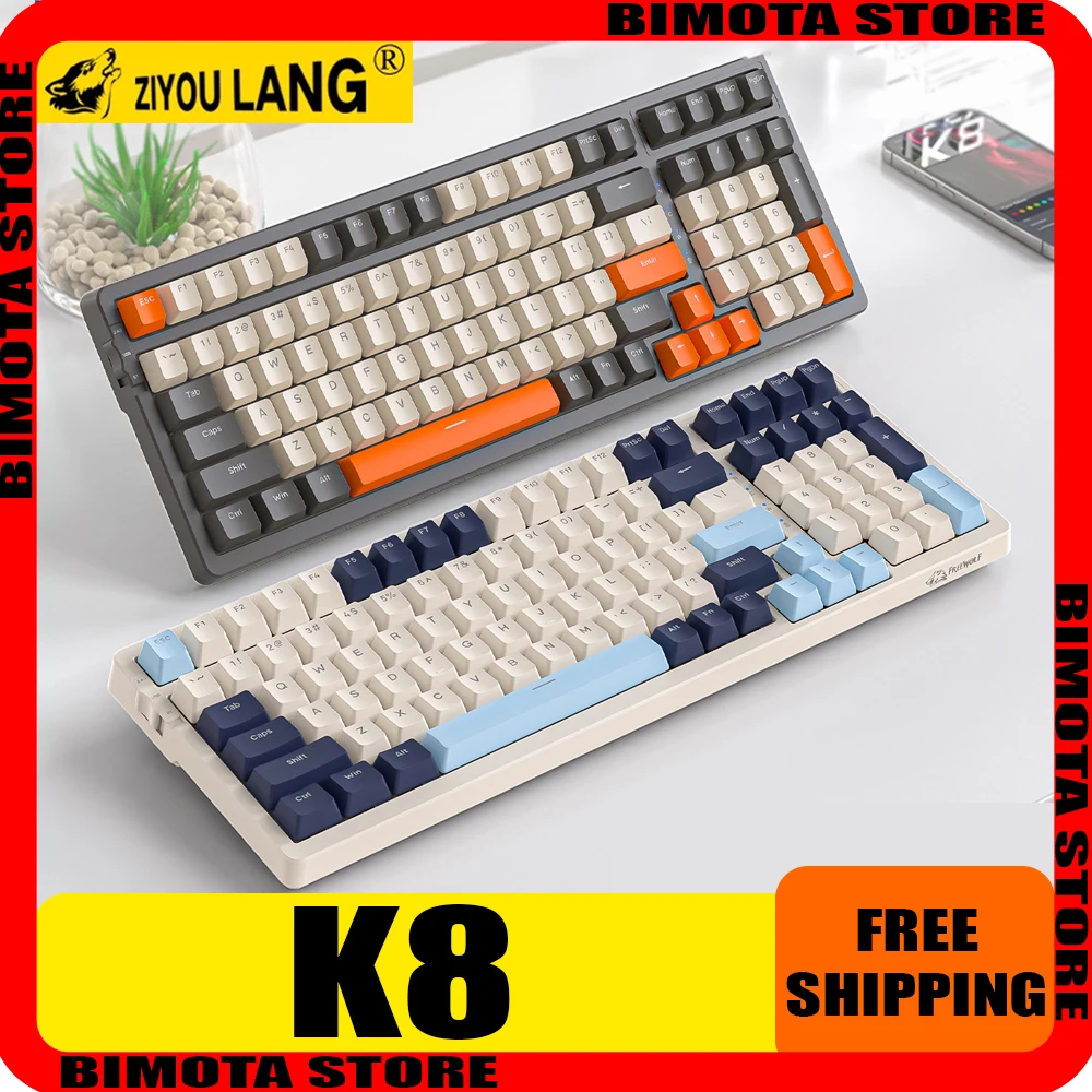 Freewolf K8 Mechanical Keyboard Three Mode RGB Hot Swap Gasket E-Sports Gaming Keyboard 100keys Ergonomics Pc Gamer Man Gifts