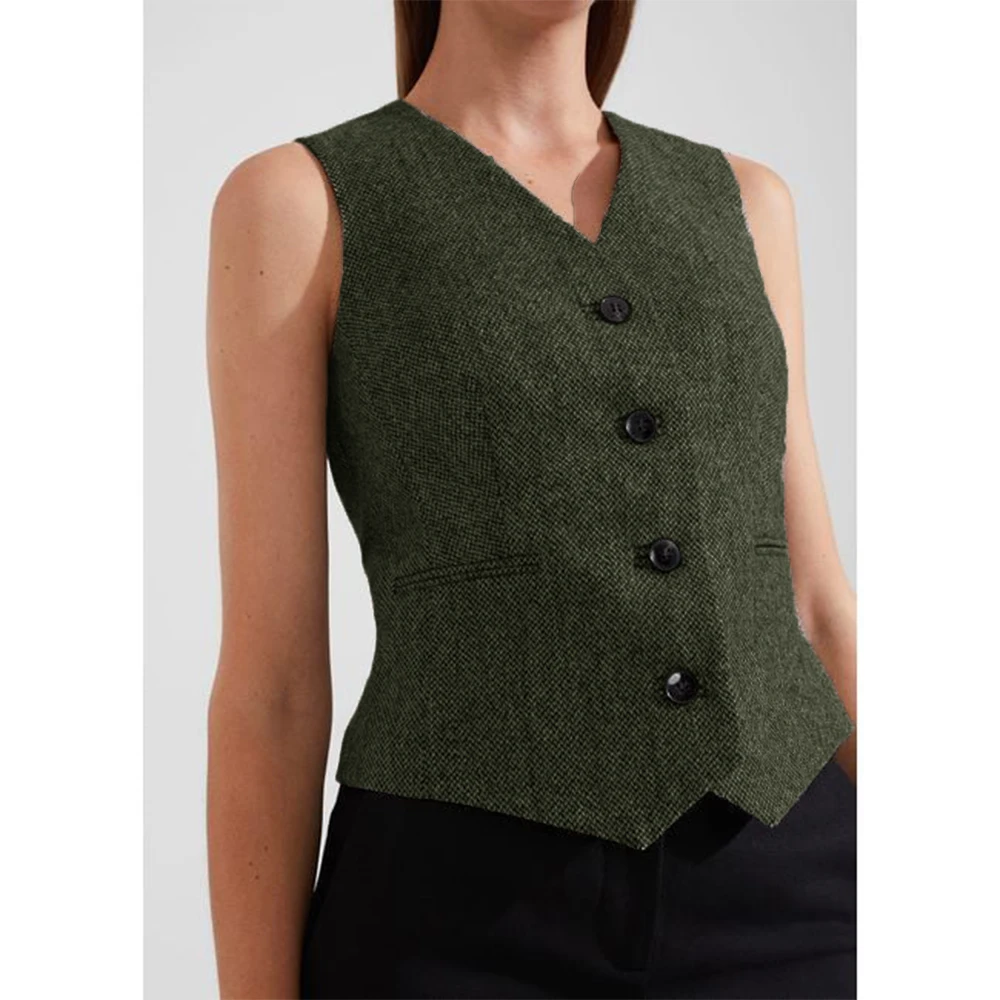 Ladies V Neck Waistcoat Herringbone Tweed Single Breasted Suit Knit Vest Women\'s Sleeveless Jacket Wedding Party New Style