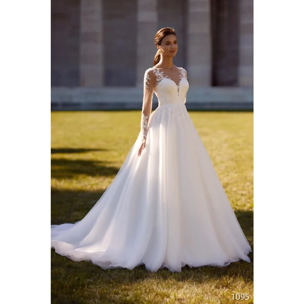 

Elegant Lace Princess A Line Wedding Dress with Long Sleeves and Shimmering Tulle Skirt Custom Size Bridal Gown