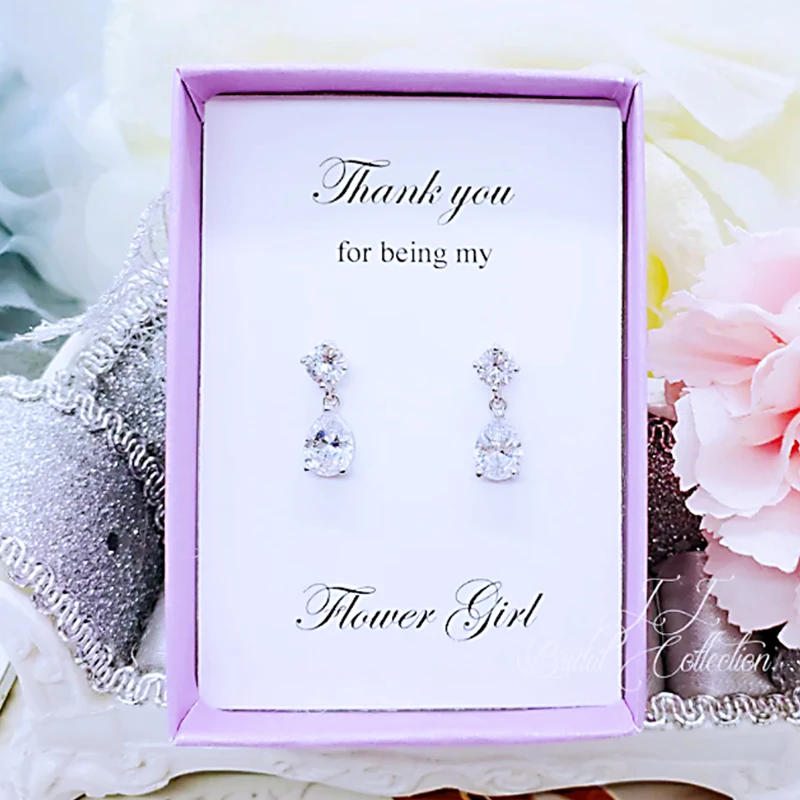 Personalized Teardrop Dangle Earrings, Cubic Zirconia Silver POST, Flower Girl,Bridesmaid Gift,Bride, Wedding Party