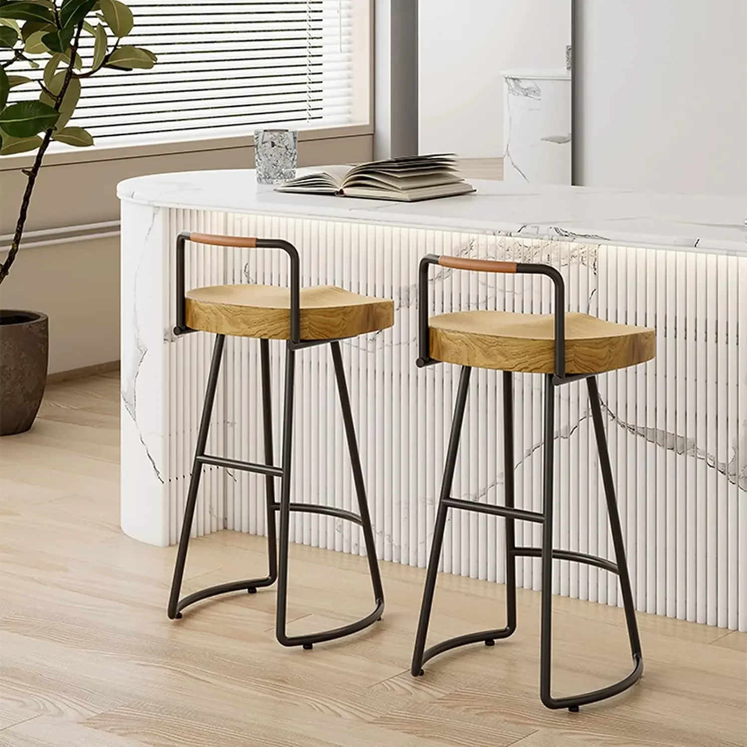 Solid Wood Bar Stools with Low Back and Metal Base, Set of 1 Tall Dining Stools, Kitchen Island Stools for Dining Room Restauran