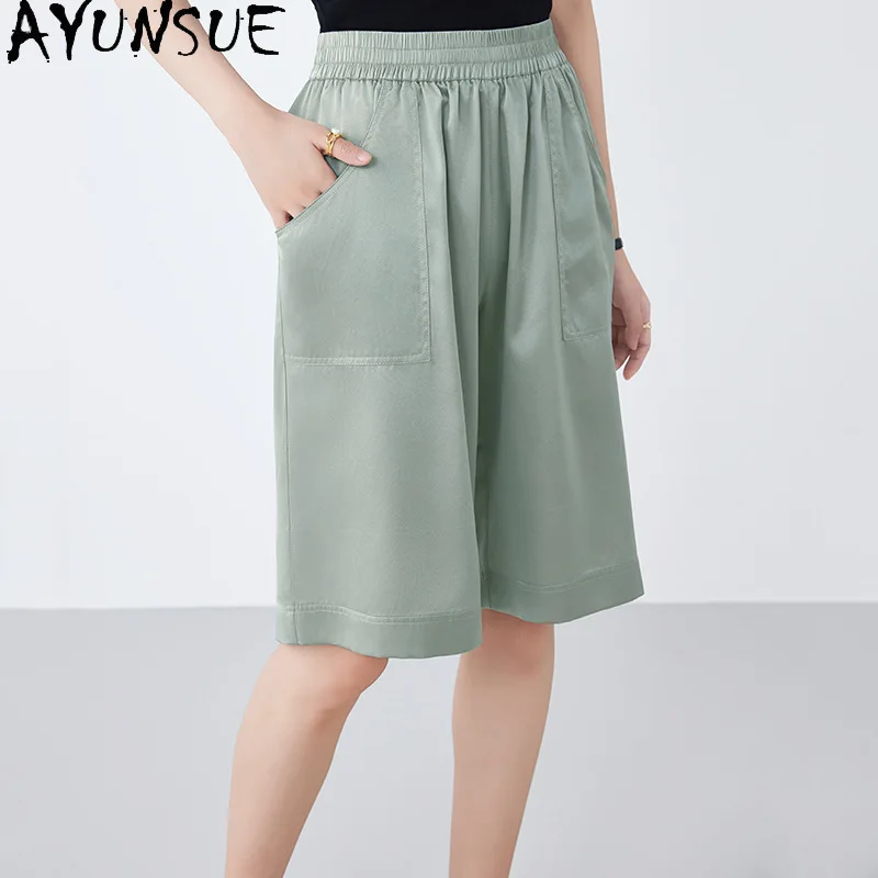 AYUNSUE 95% Silk Women's Shorts Solid Color Loose Shorts for Woman Comfortable Casual Shorts Summer Clothes Woman 2026 Шорты