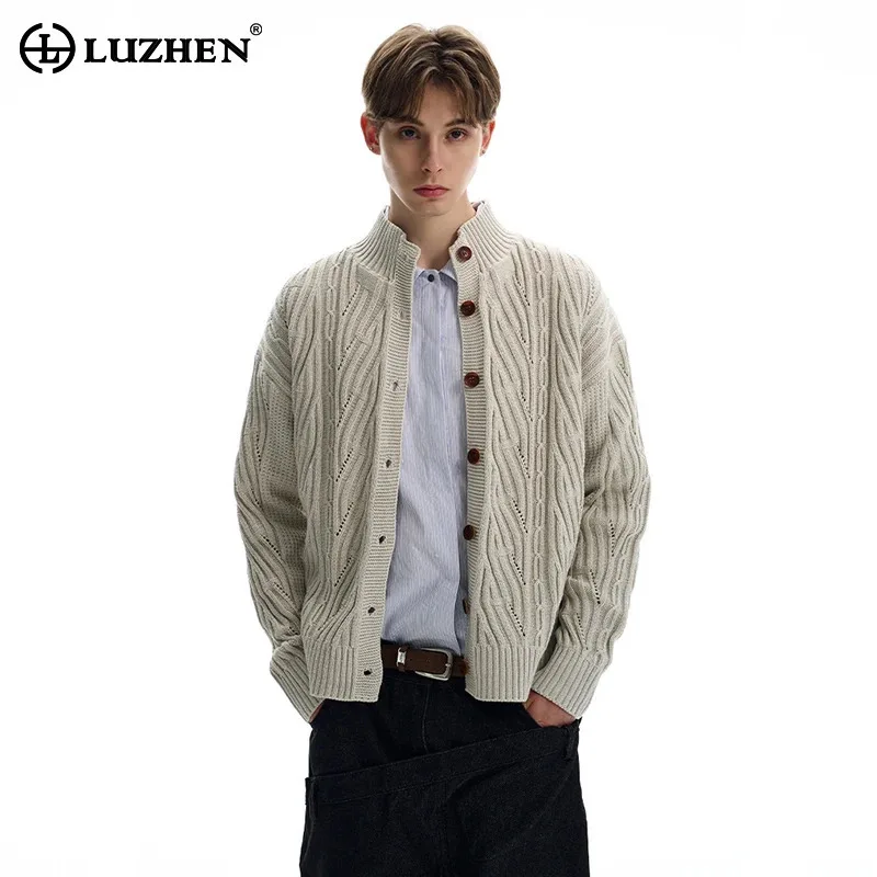

LUZHEN Weave Pattern Solid Color Knitted Cardigan Fashion Stylish Handsome 2025 Autumn Winter Original Men Casual Sweater JY5762