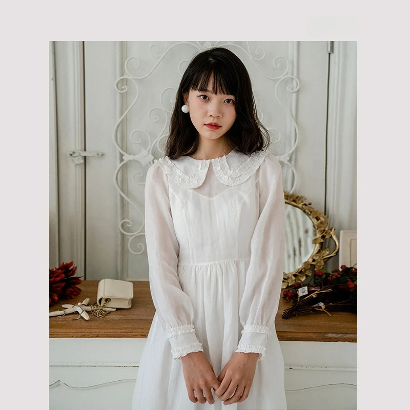 

Retro Style Long Sleeve White Cotton Linen Dress Doll Collar Long Skirt Vintage A-Line Autumn Commute Pure Color Gored Skirt