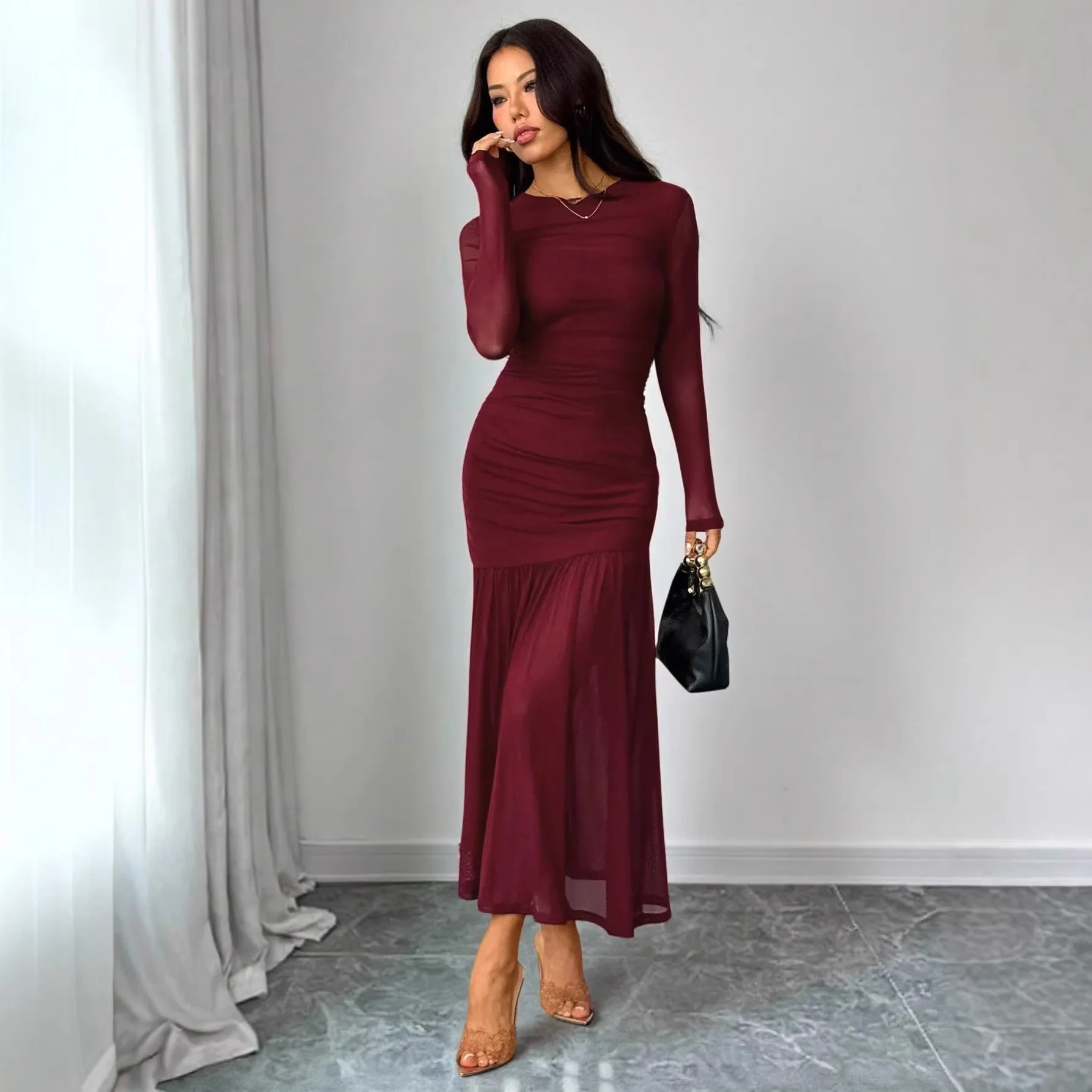 

2026 New Fashion Elegant Long Sleeve Solid Color Tulle Patchwork Dress Women Slim Fit Round Neck Pleated Mermaid Skirt