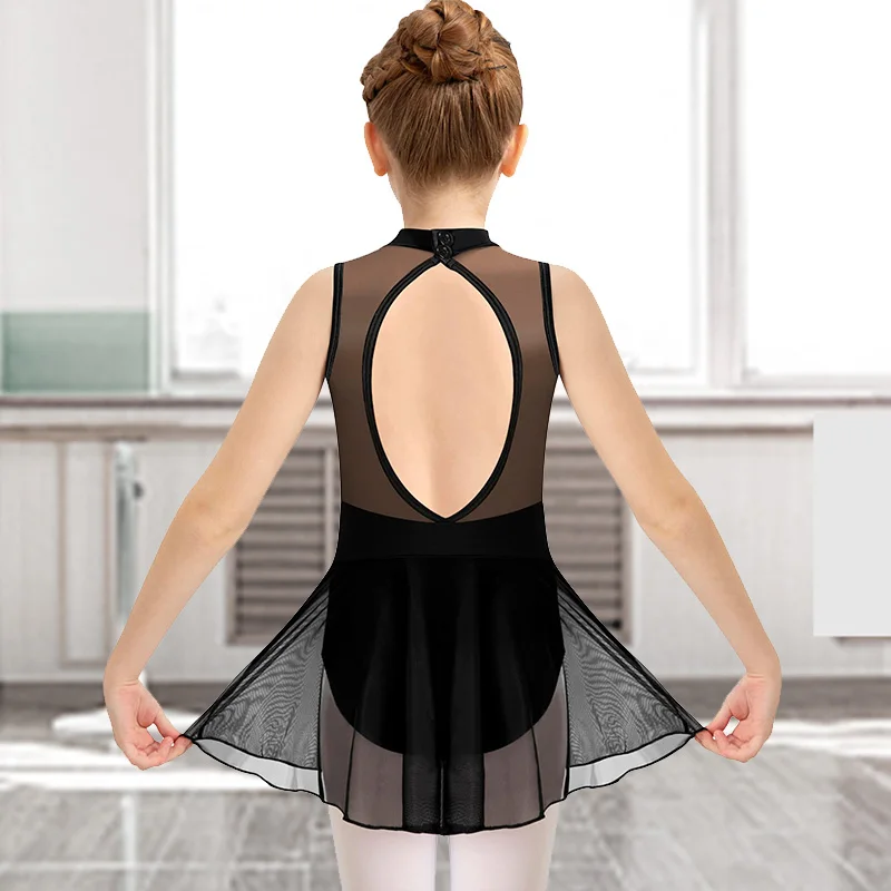 Leotardo de Ballet para niñas, para baile, gimnasia, falda de malla, tanque de leotardo con ojo de cerradura, espalda hueca y vestido de Ballet empalmado de malla en el pecho