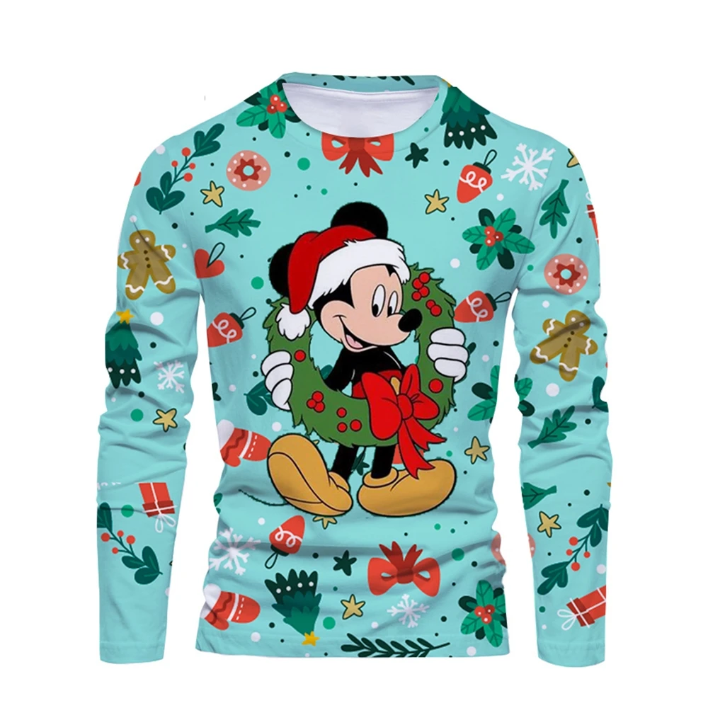 

Christmas New Disney Brand Mickey and Minnie Anime 3D Printing Fashion Casual Trend Men's Round Neck Long Sleeve T-Shirt Y2K