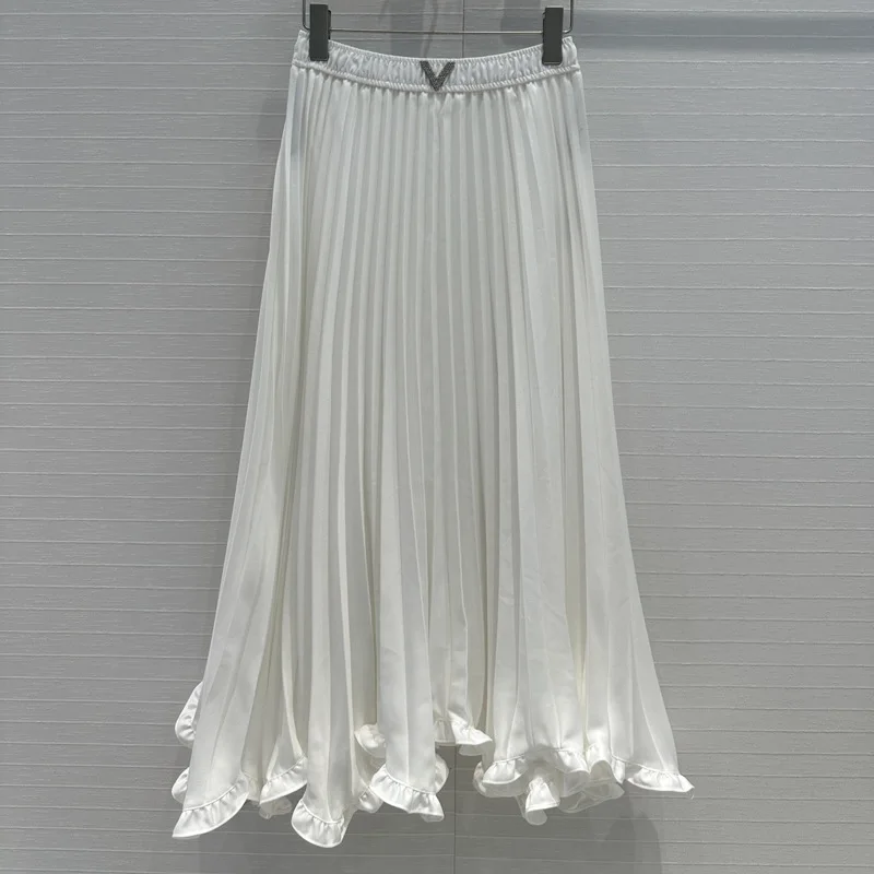 

2024 High-quality Pleated Lotus Leaf Lace Skirt Elegant Temperament Fashionable Solid Color Big Swing Skirt Summer