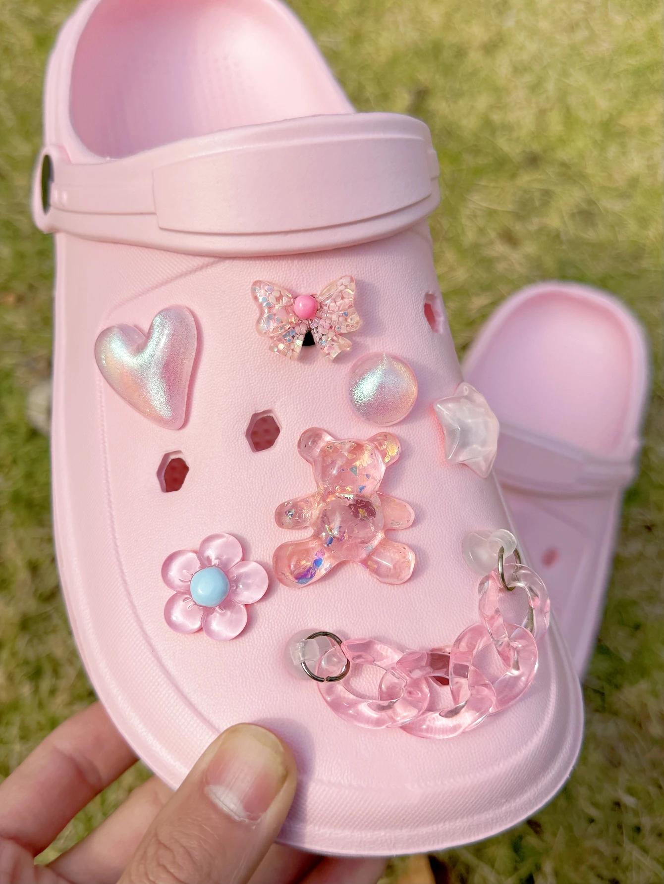 14PCS pink (Bear, heart, flower, star, bow, chain) Cute Alligator Shoes Shoe Accessories Removable DIY shoe accessories