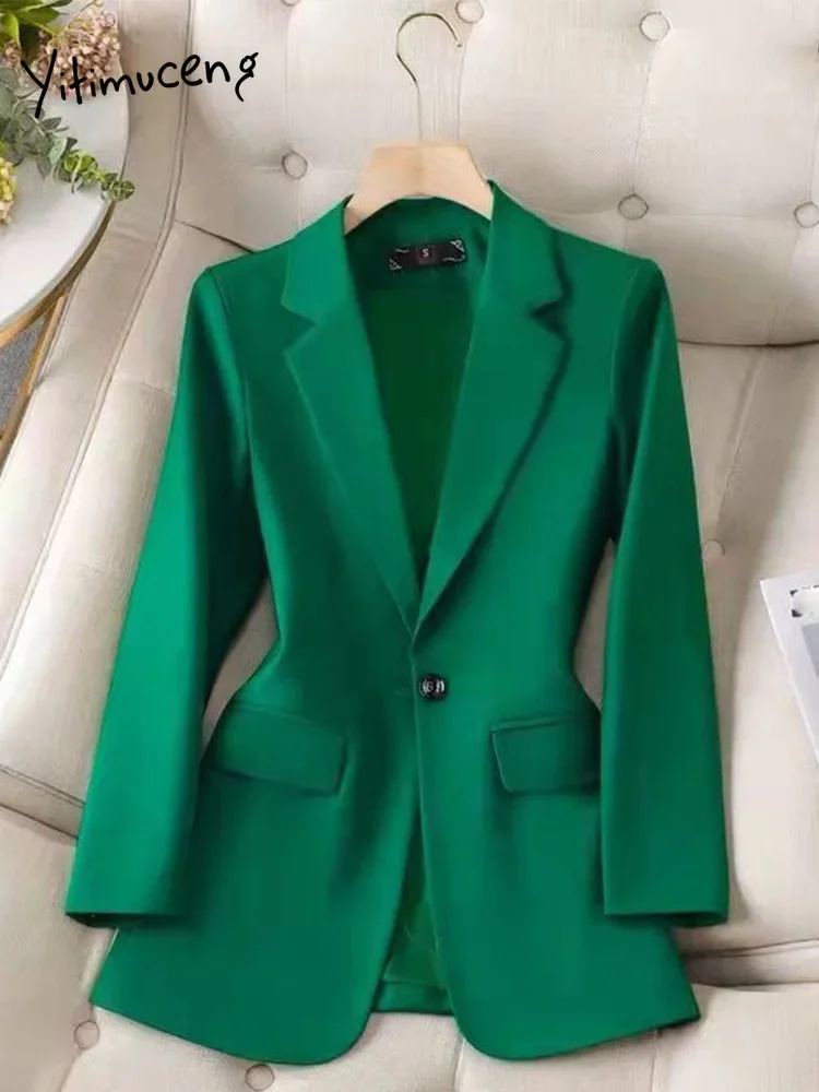 Yitimuceng Green Elegant Women Casual Pockets Office Lady Slim Full Single Button Halter Blazer Coats Long Sleeve Streetwear