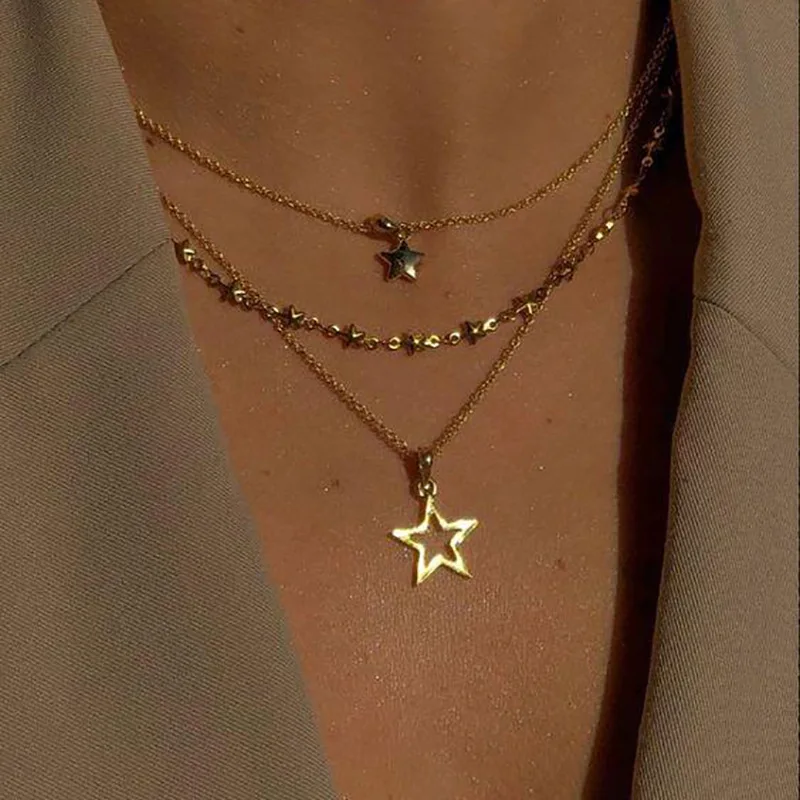 Fashion Gold Color Hollow Star Pendant Necklace Set for Women Simple Vintage Punk Clavicle Chain Necklace 2024 New Gifts Jewelry