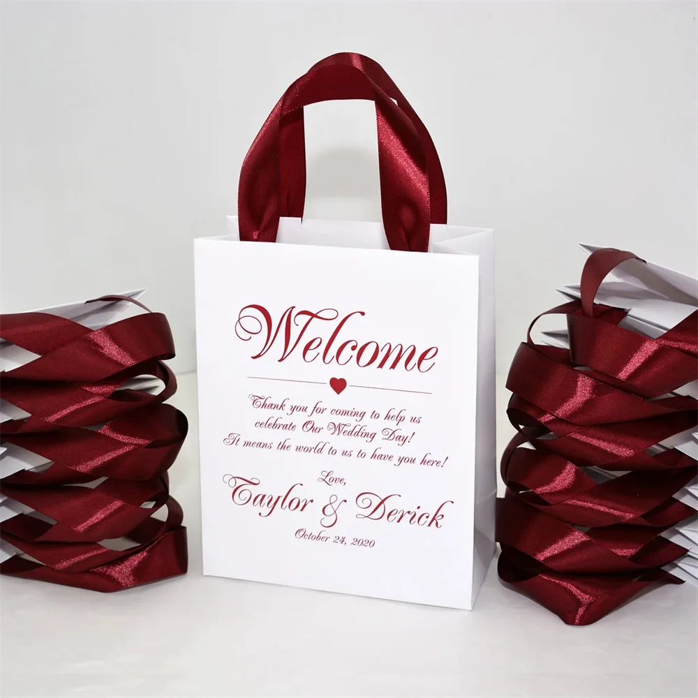 Destination Wedding Welcome Bags with satin ribbon handles. Tropical wedding favor. Elegant Rose Gold Personalized gifts for gue