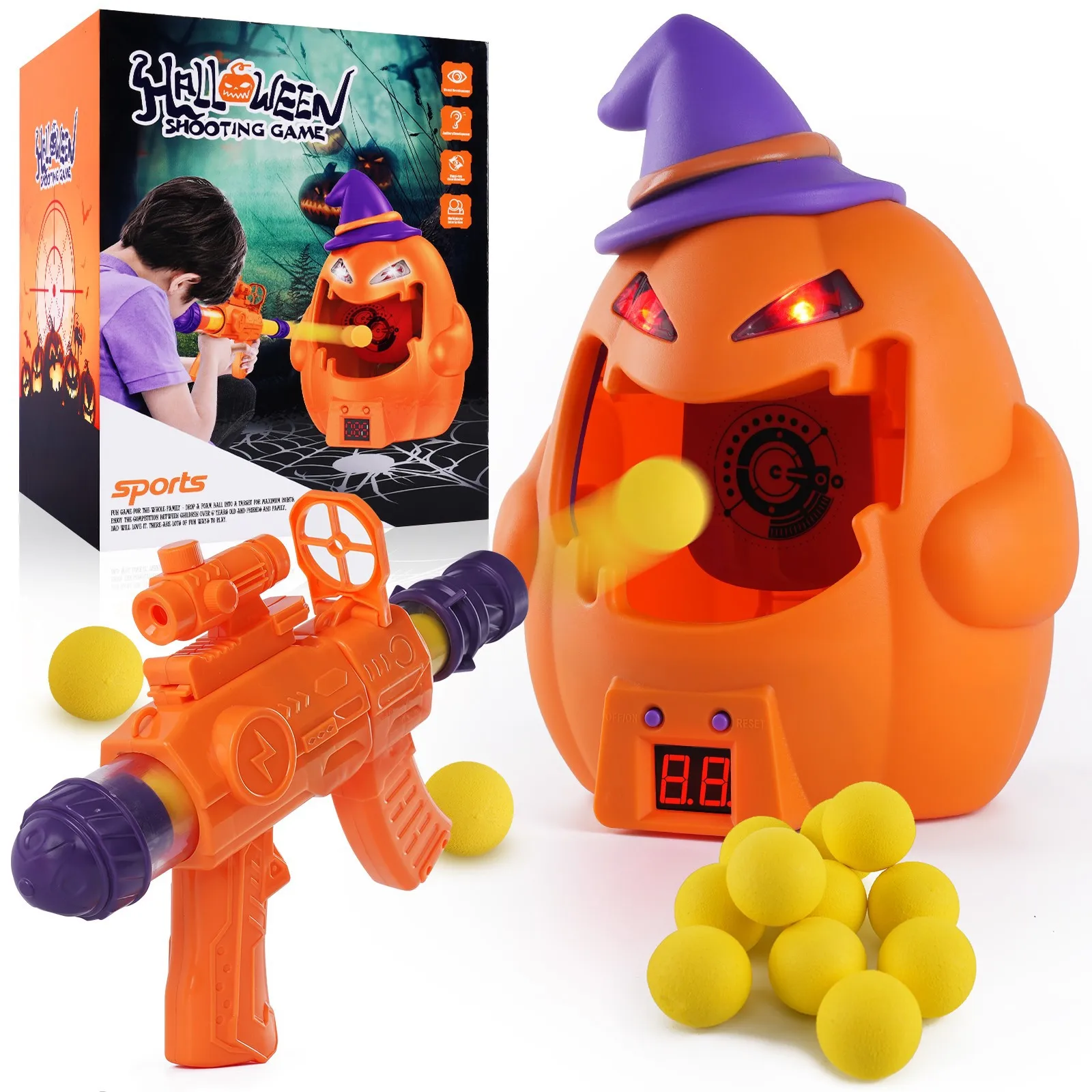 

Halloween Pumpkin Shooting Toys Shooting Games Toys with LCD Score Record Sound Foam Bullets Games Fun Gun Toy for Kids Gifts