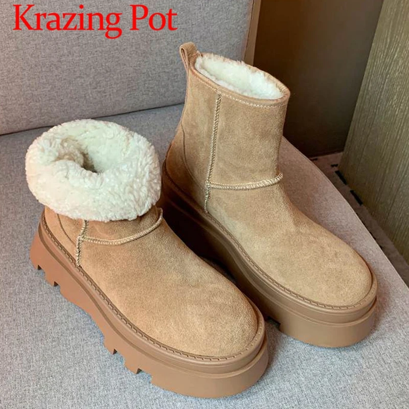 Krazing Pot Wool Cow Suede Round Toe Thick High Heels Snow Boots Fur Stay Warm Waterproof Kpop Style Cozy Slip On Ankle Boots