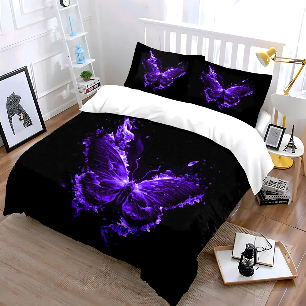 Purple flaming butterfly in flight Bedding Set for Kids Luxury Gift 3pcs Digital Print Comforter Set Soft Comfortable Breathable