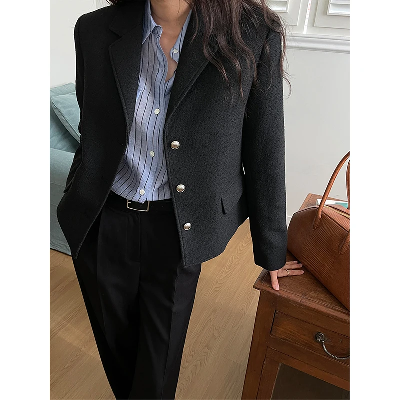 Blazer court noir à manches longues pour femmes, vestes trempées coréennes, mode élégante, combat de bureau, boutonnage simple