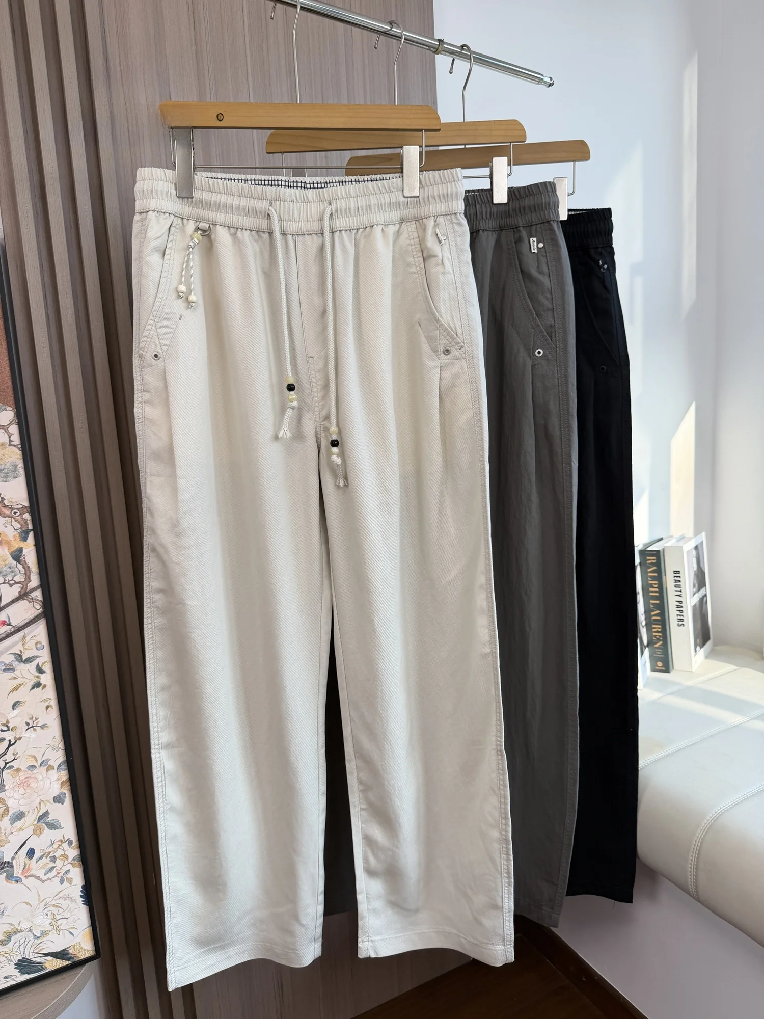 

Japanese Style Lazy Cool Sensation Breathable Men's Spring Summer Retro Versatile Elastic Waist Washed Straight Leg Casual Pants