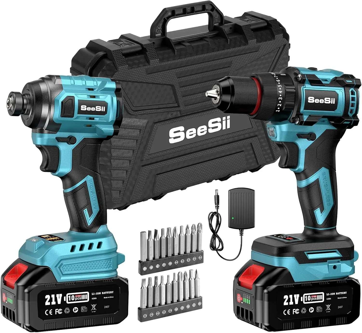 Seesii 21V Max สว่านไร้สายแบบไม่มีแปรงและ Impact Driver เครื่องมือ Combo Kit 3/8 ''เจาะ 1/4''Impact Driver Fast Charger