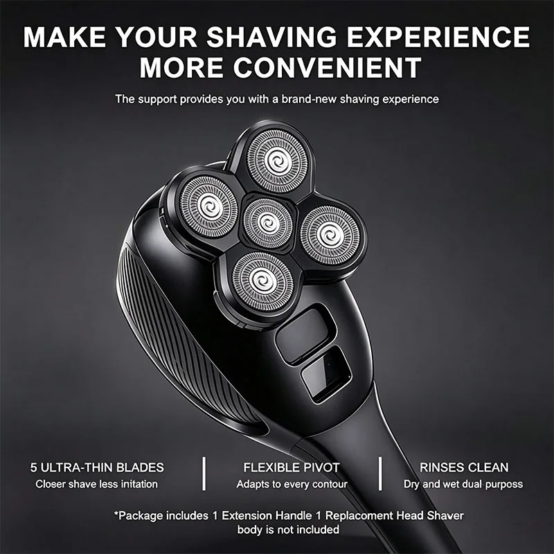 Replacement Heads with Extended Reach Handle, Waterproof 5-Head Razor Refills for Men Back & Full Body Shaving