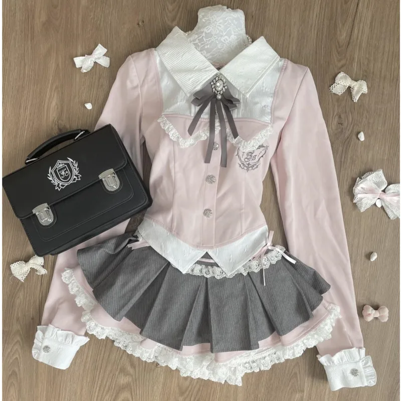 Bow Lace Fake Top Dresses 2 Piece Set Y2K Uniform College Sweet Girl Contrast Patchwork High Waisted Pleated Skirt Girls 2 Set