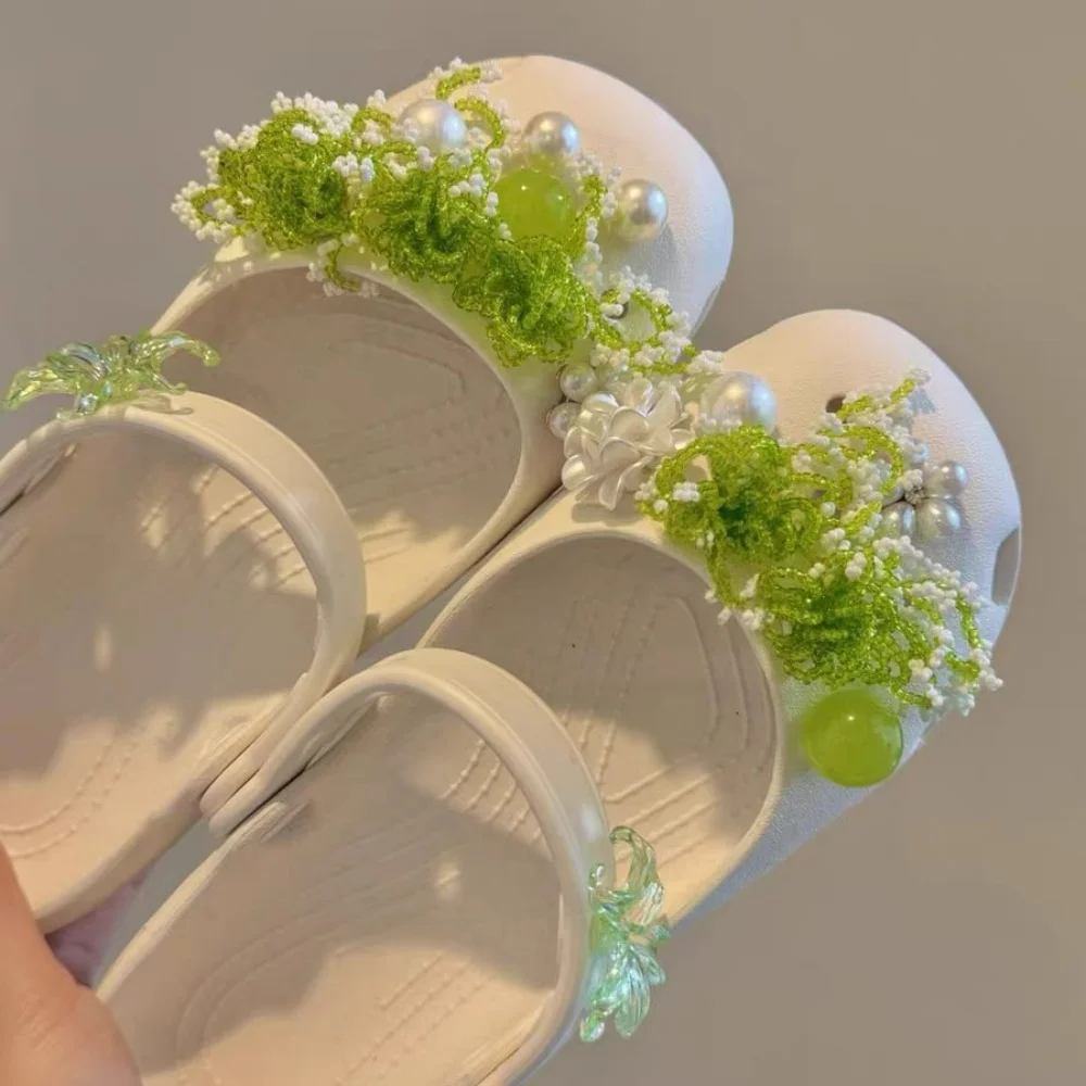 Green Vine Blossoms Ballet Cave Shoes DIY Spring Beaded Flower Accessories Handmade Detachable Pearl Buckles Sandals Accessories
