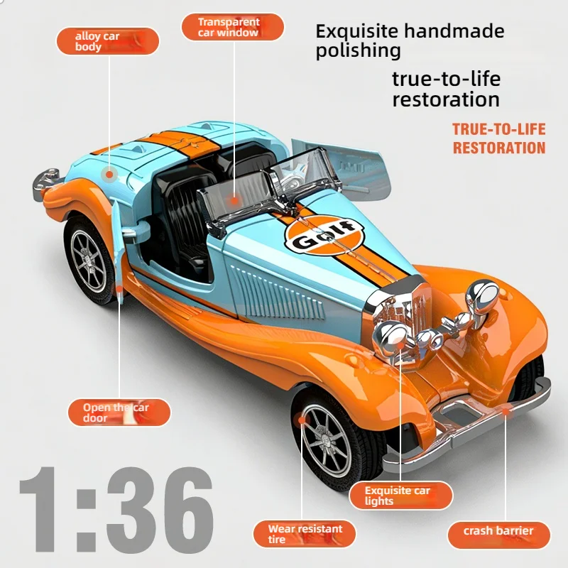 1:36 Gulf Vintage Convertible Pickup Alloy Car Model, Diecast Retro Classic Car with Openable Doors & Pull Back, Collectible Gif
