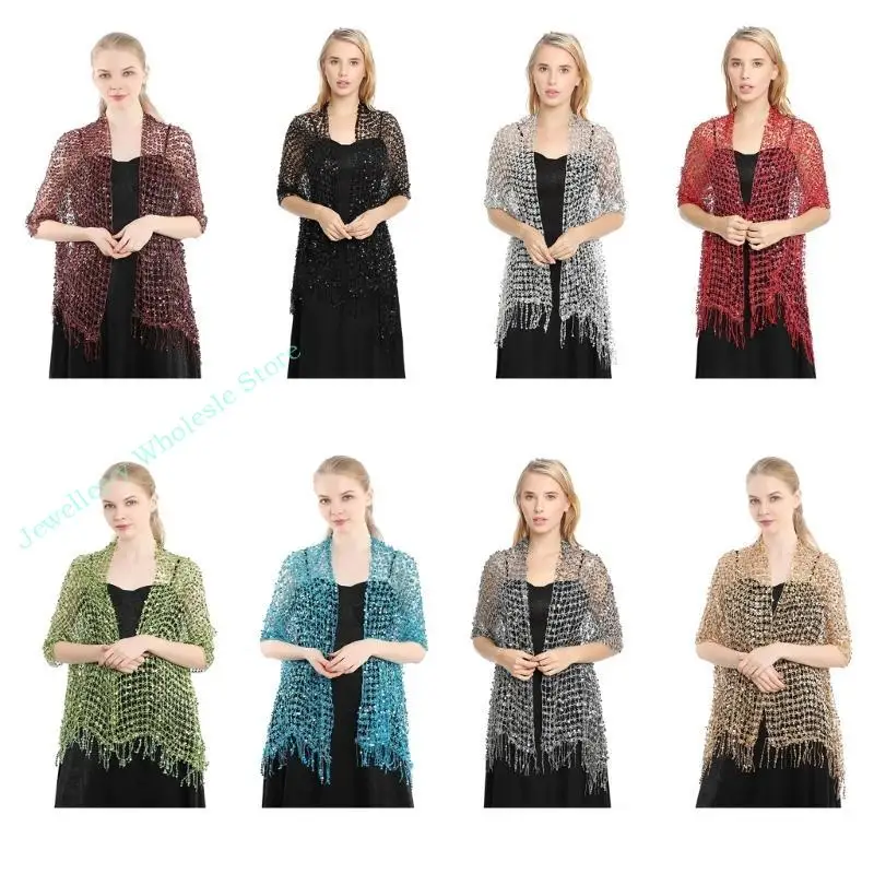

R7UF Woman Sheer Shawl with Shinning Sequins Summer Cool Lightweight Shawl for Mother
