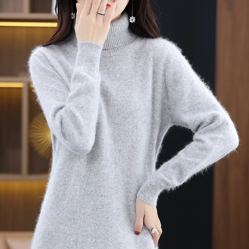 Women\'s High Neck Long Sleeve Solid Color Mink Cashmere Korean Loose Luxury Soft Mink Cashmere Knitted Dress Winter Warm