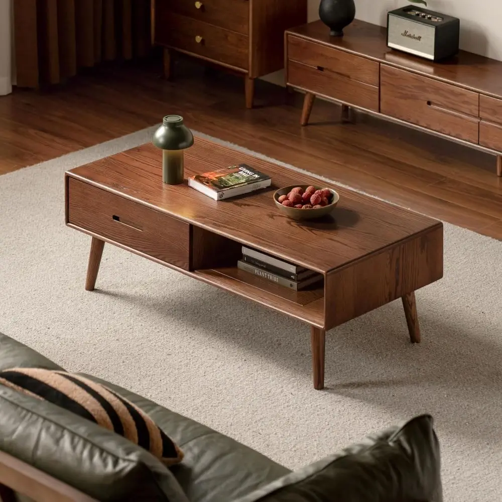 

Solid Oak Coffee Table with Storage Shelf and Drawers, 47.24 Wide, Modern Living Room Furniture in Oak Walnut Finish