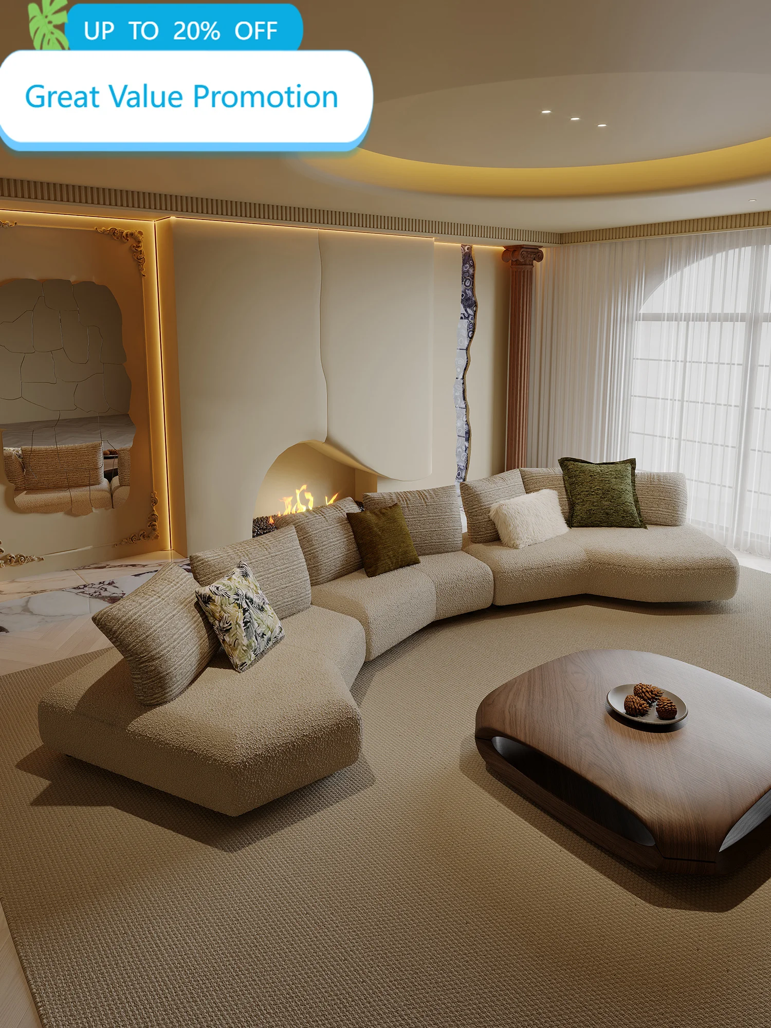 Champagne Boucle S Shaped Curved Modular Sofa Channel Stitch Seats Deep Seat Low Back For Living Room Villa Bedroom Home