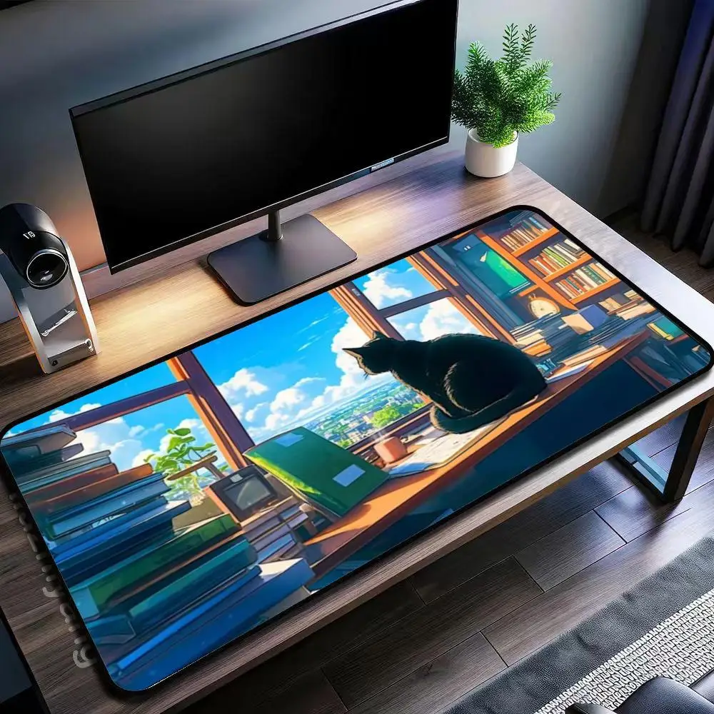 Extra Large XXL Full Desk Mouse Pad, Aesthetic Anime Black Cat Silhouette Purple Sunset Starry  Non-slip Rubber Desk Mat
