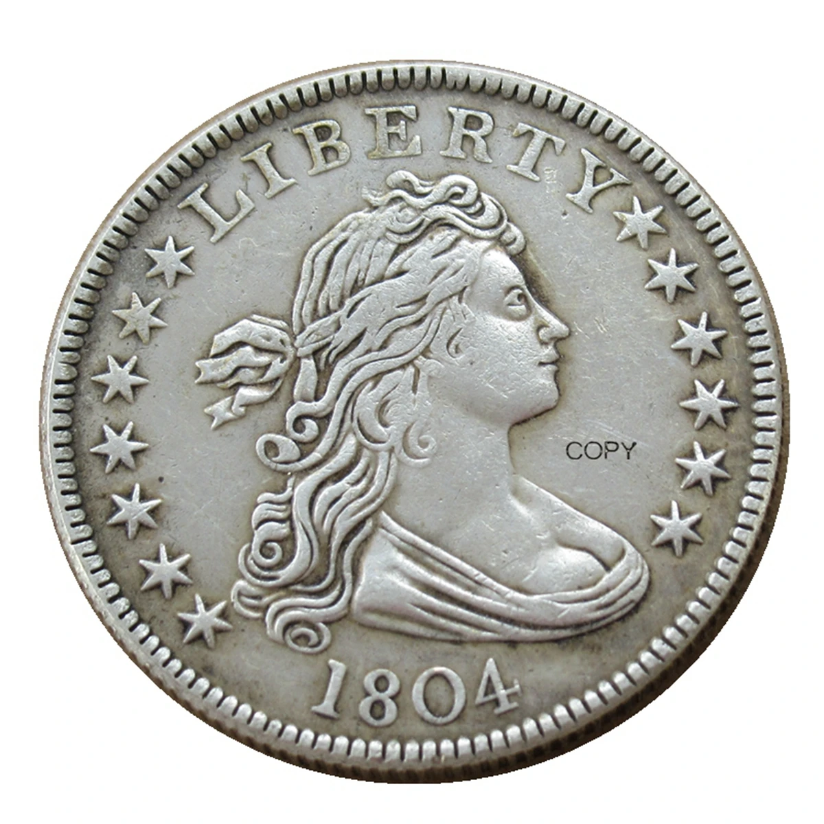 Moneda de copia chapada en plata de un cuarto de dólar con busto drapeado de EE. UU. 1804