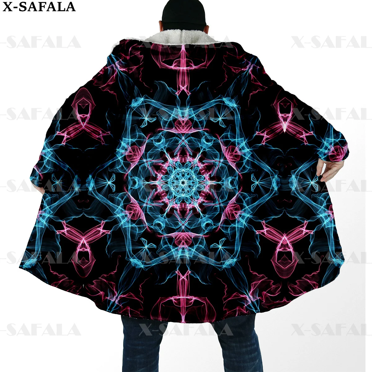 

Hippie Psychedelic Colorful Trippy Print Thick Warm Hooded Cloak Men Overcoat Coat Windproof Fleece Cape Robe Hooded Blanket-15