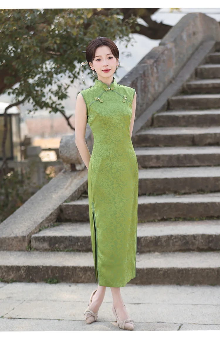 Improved Young Girls High-end Green Jacquard Cheongsam Satin High-end Gentle Chinese Style Qipao Evening Dress for Women