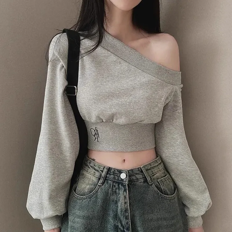 

2024 Autumn New Irregular Skew Collar Hoodies Women Sexy Fashion Sweatshirts Long Puff Sleeve Short Solid Slim Pullover Tops