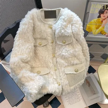 여성용 우아한 인조 모피 양털 코트, 한국 패션 패치워크 스위트 재킷, 여성 두껍고 따뜻한 O넥, 인조 모피 아우터, 겨울