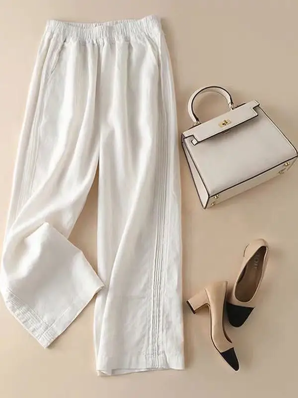 Cintura alta perna larga algodão linho solto emagrecimento verão novo sle calças casuais femininas corte reto fino modelo ket design