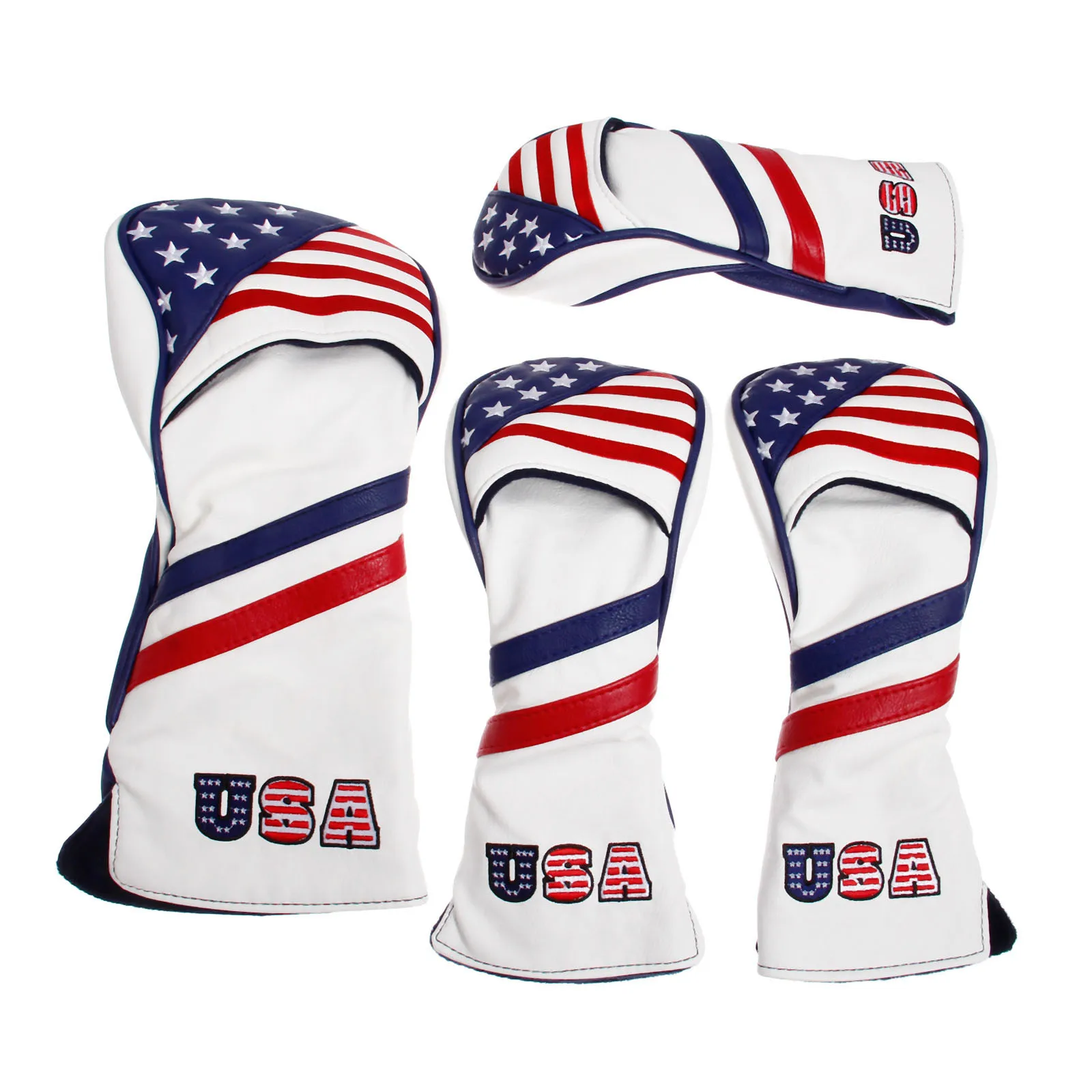 

4 Pcs PU Golf Wood Headcover With USA Stars & Stripes Flag Style For 1 Driver Cover & 2 Fairway & 1 Hybrid Club Head Covers Set