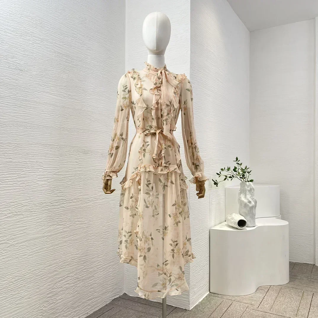 Silk 2024 Beige Camellia Flowers Print Long Sleeve Flouncing Ruffles Irregular Separate Camisole Loose Midi Dresses for Women