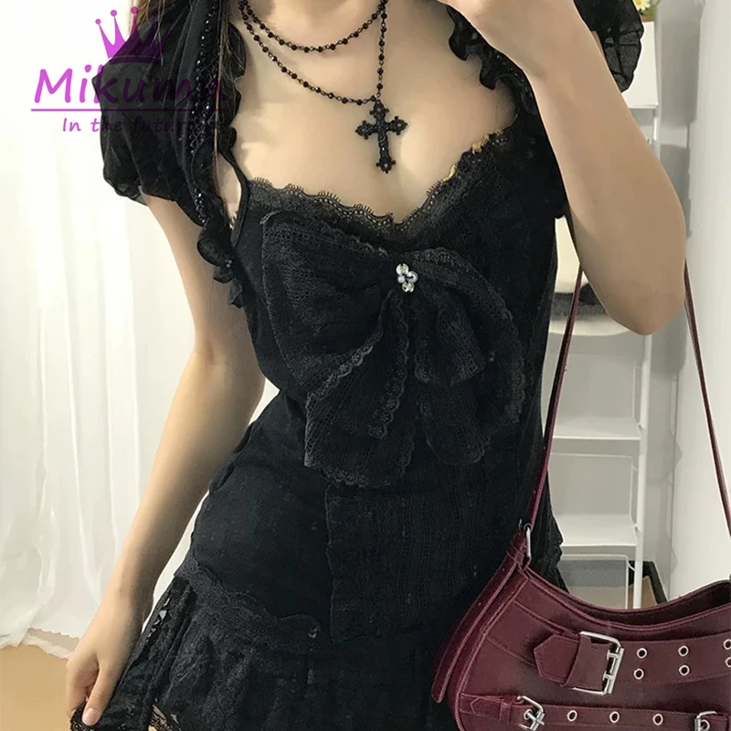 Mikumn Gothic Lolita Black Lace 3 Piece Set Women Puff Sleeve Cardigan+Bow Cami Top+Cake Mini Skirt Y2K Aesthetic Kawaii Outfit view 3