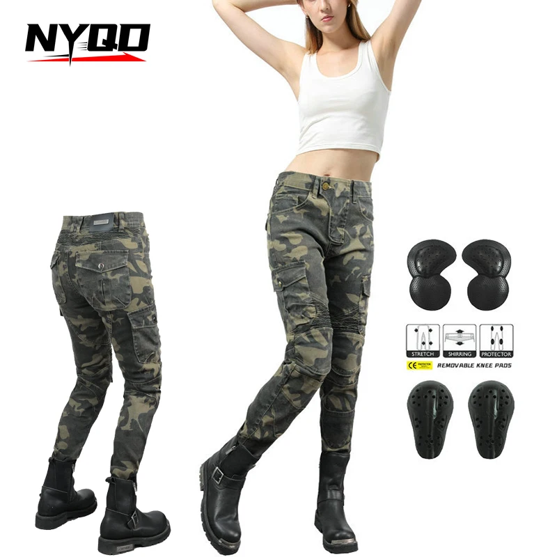 Women's Motorcycle Camouflage Jeans Motorbike Stretch Racing Cycling Pants Ladies Fall-resistant Casual with 4 Protective Gear